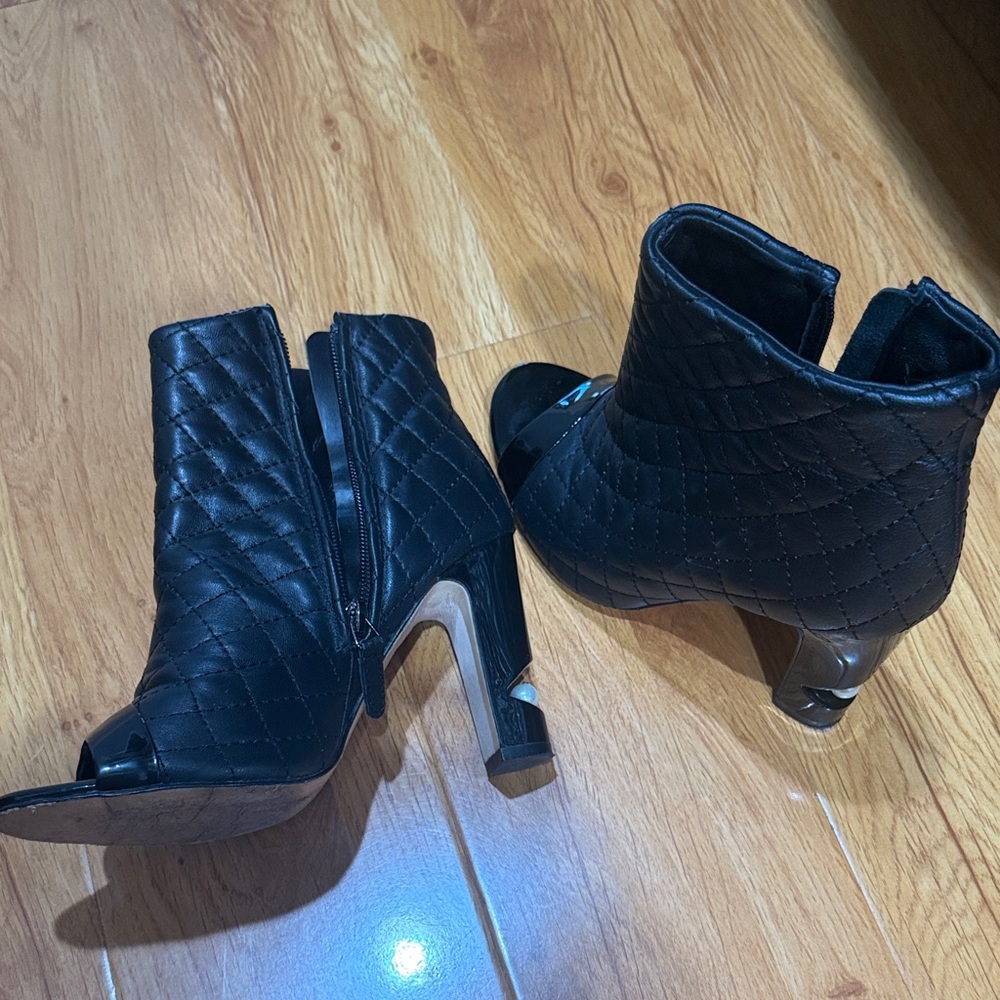 CHANEL Black Quilted Open-Toe Heeled Boots